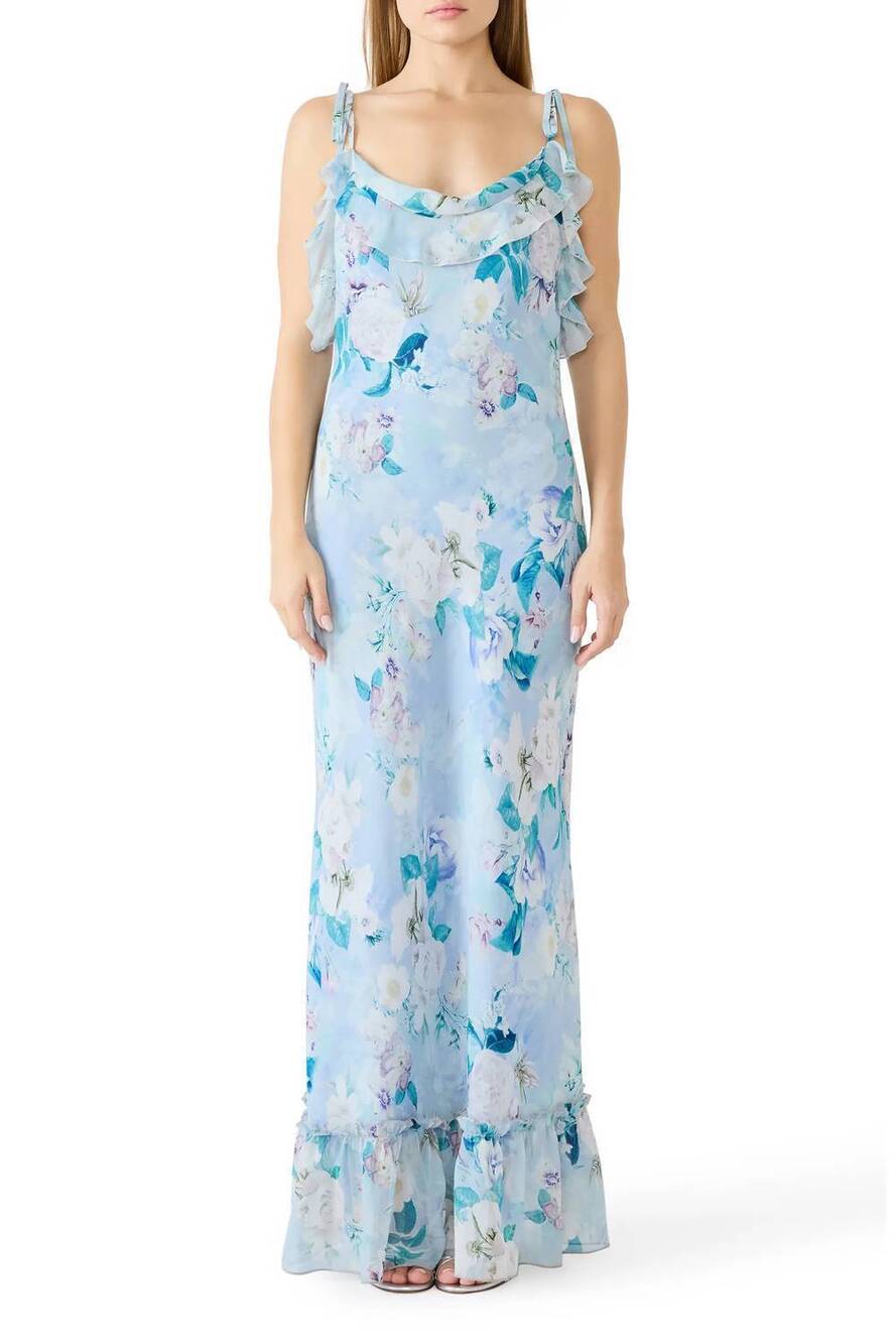 NEW STEVE MADDEN lenna floral cowl neck chiffon maxi dress in blue